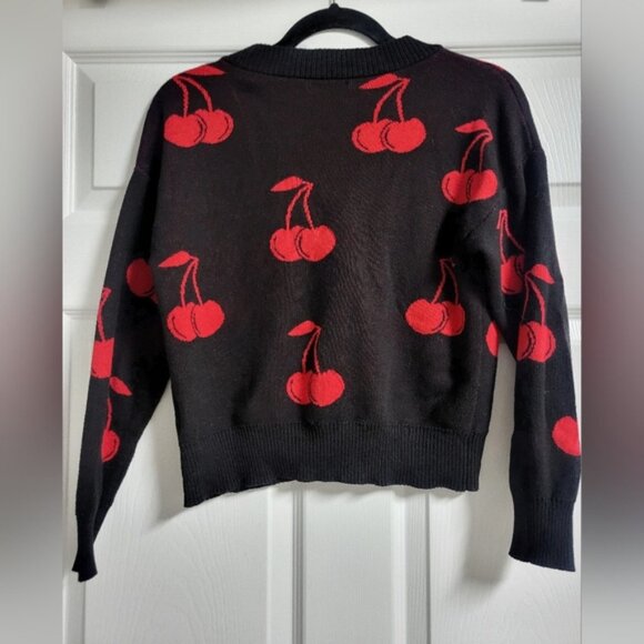 Nikkak - Women's Black and Red Cropped Cardigan Cherry Sweater - Size S - Picture 3 of 5